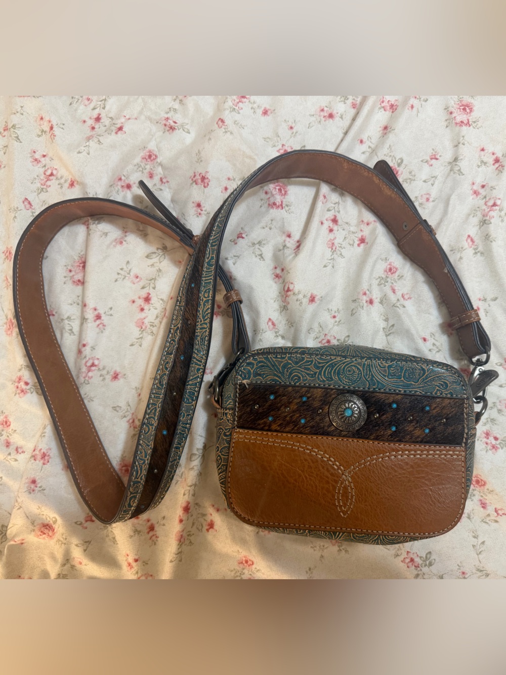 Justin Brown Tooled Leather & Turquoise Crossbody Bag